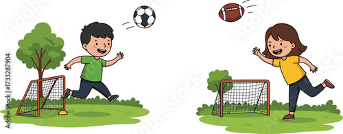 Cartoon illustration of happy boy and girl playing soccer and football outdoors, children enjoying sports activity with goal nets in park