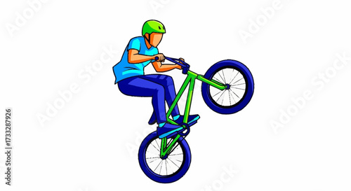Dynamic cyclist performs thrilling wheelie stunt on vibrant BMX bike, showcasing extreme sports action and athletic skill with energetic motion.