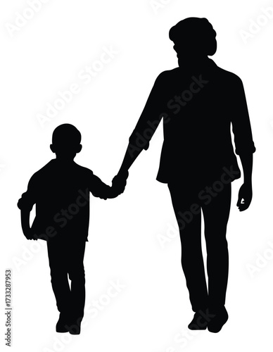 Flat vector silhouette of father holding son’s hand, parent and child walking together, family relationship design for parenting, education, and lifestyle themes