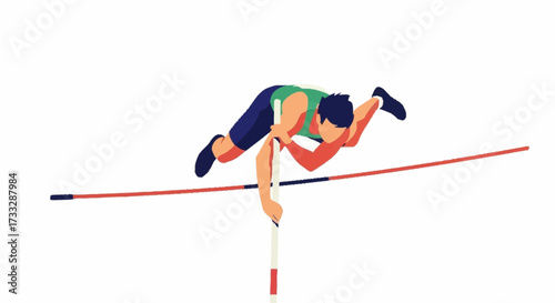 Dynamic athlete soars over bar during intense pole vault competition captured in vibrant athletic motion