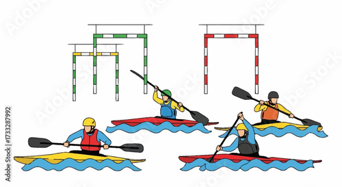 Dynamic kayakers navigate slalom gates in exciting water sport adventure, showcasing skill and competitive spirit