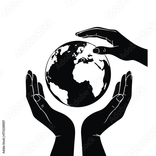 Hands cradling and protecting the Earth, symbolizing global care, environmental conservation, and worldwide unity on a clean white background.