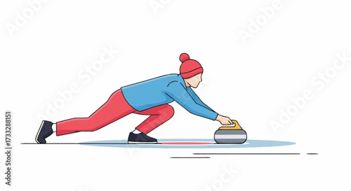 Dynamic athlete slides curling stone across ice in athletic winter sport competition, focused determination