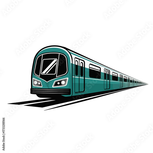 Modern metro train illustration, sleek teal carriage, urban transportation icon, rapid transit concept, clean vector graphic design