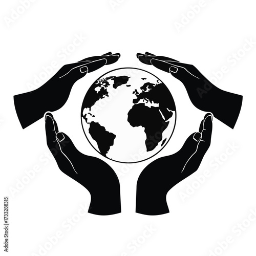 A symbolic illustration depicting hands cradling planet Earth, representing global care, environmental protection, and worldwide unity.