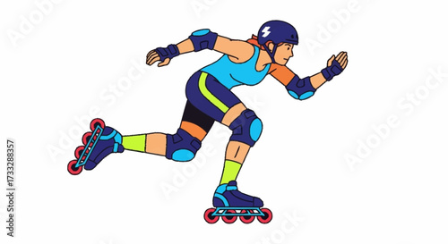 Dynamic female rollerblader in protective gear speeds forward with intense focus, embodying athleticism and active lifestyle