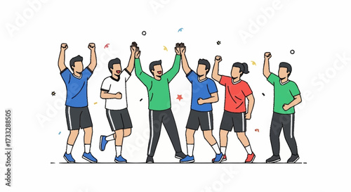 Diverse group of friends celebrating success with high fives and confetti, radiating pure joy and triumph in a vibrant, modern illustration.