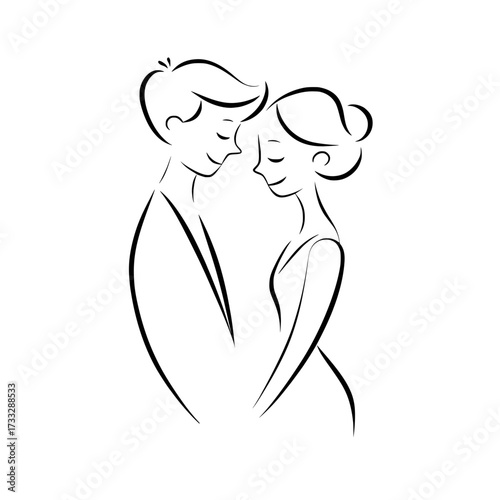 Romantic minimalist drawing of loving couple, Elegant line art illustration of a man and woman holding hands with closed eyes, sharing a peaceful and intimate moment.


