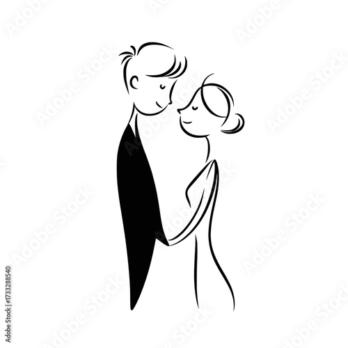 Cute line drawing of romantic couple holding hands, Playful minimalist sketch of a smiling man and woman holding hands, expressing love, connection, and lighthearted romance.

