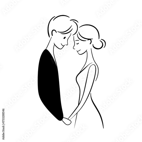 Minimalist couple illustration showing emotional connection, Elegant black and white line drawing of a man and woman holding hands, touching foreheads in a romantic, intimate moment.

