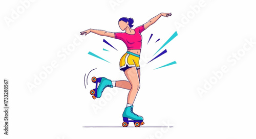Vibrant woman roller skating with dynamic motion lines, embracing active lifestyle and retro fun outdoors