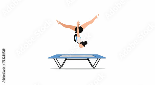 Dynamic gymnast in mid-air performs impressive flip over a blue trampoline, showcasing athleticism and aerial grace for sports themes.