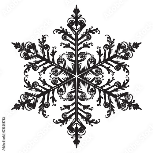 Ornamental Snowflake Line Art Symmetrical Black and White Winter Vector Illustration