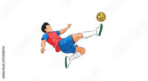 Dynamic athlete executes a spectacular bicycle kick with a sepak takraw ball, showcasing athleticism and intense focus in a vibrant action pose.
