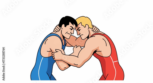 Two determined wrestlers locked in intense combat, showcasing strength and athletic prowess in a competitive match