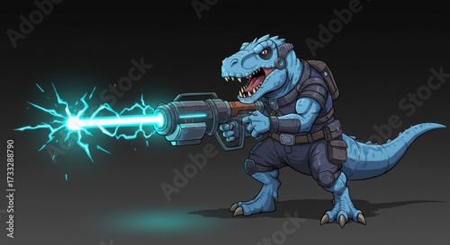 Futuristic dinosaur soldier firing laser gun