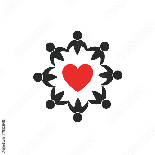 A symbolic illustration depicts unity and compassion, featuring a heart embraced by interconnected figures, representing community and support.