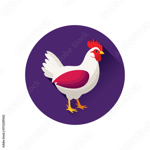A stylized illustration of a white and red chicken standing against a dark purple circular background.