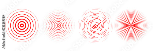 Red radial concentric circle set. Sound wave signal collection. Halftone, dashed and dotted rings for epicenter, target, radar, earthquake shockwave symbols. Vector ripple expansive vibration elements