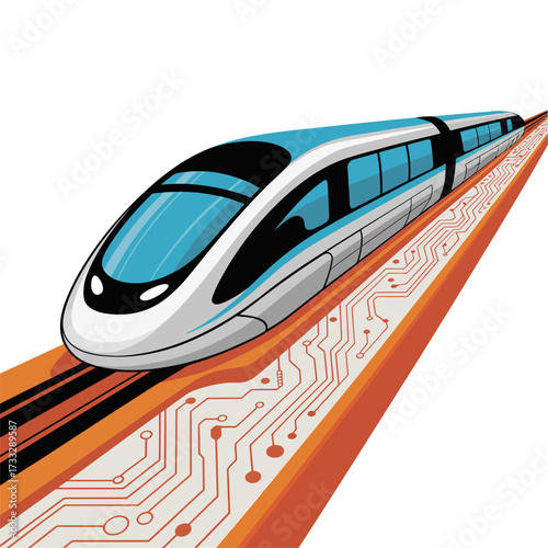 High speed train technology, circuit board tracks, innovation transport theme, smart mobility concept, sleek locomotive illustration, professional vector