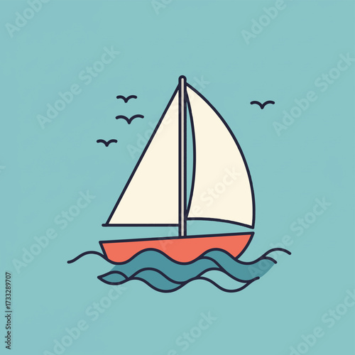 A simple illustration of a sailboat on the water with birds flying.
