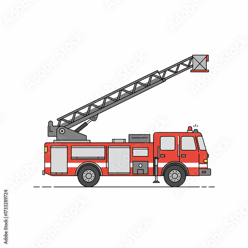 Red fire truck with extended aerial ladder side view illustration.
