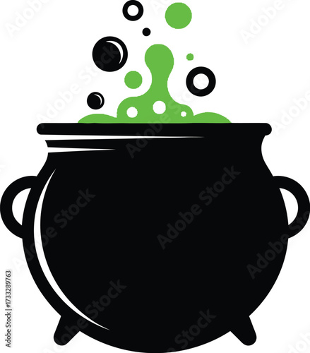 Black cauldron with bubbling green potion for halloween themed designs and events