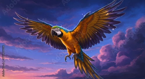 Macaw soaring through a colorful sky illustration