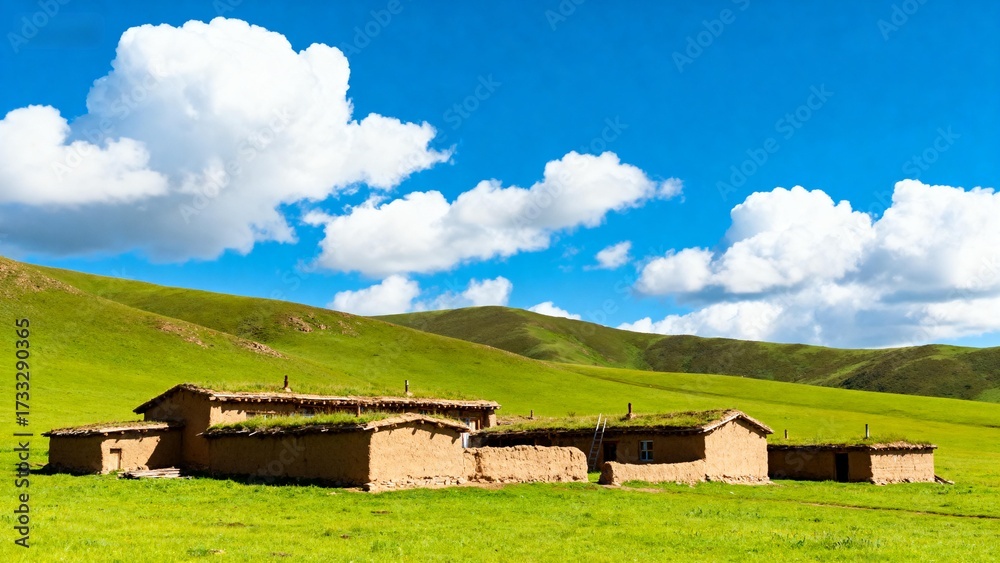 Obraz premium Rural mud houses on green hills