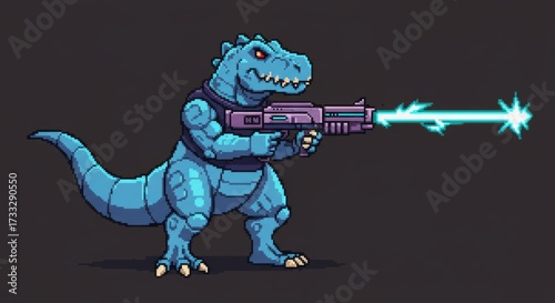 Pixelated dinosaur soldier firing laser gun