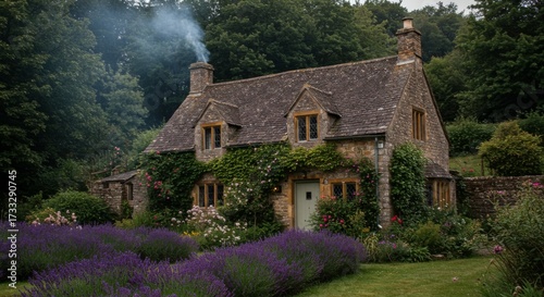 Quaint stone cottage with lavender garden in english countryside