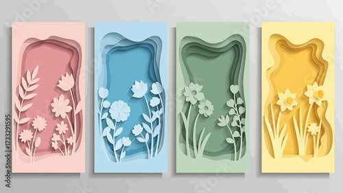Four layered paper cutouts of flowers and leaves in pastel colors, creating a beautiful floral art.