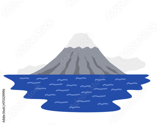 Stylized Mount View Over Blue Water Abstract Landscape Illustration