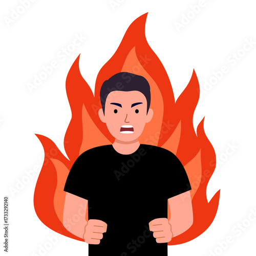 Angry man character with flame in flat design on white background.