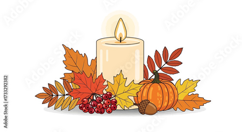 Candle with autumn decorations isolated on white background flat vector illustration