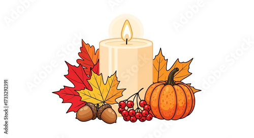 Candle with autumn decorations isolated on white background flat vector illustration