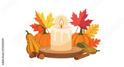 Candle with autumn decorations isolated on white background flat vector illustration