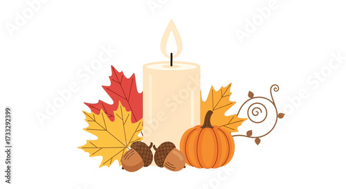 Candle with autumn decorations isolated on white background flat vector illustration
