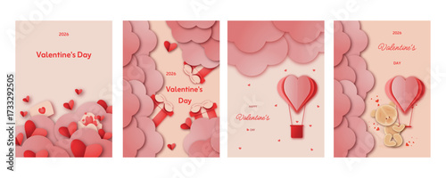 Vector poster for Valentine's Day, in a gentle light palette. Sweet, loving paper clouds and hearts. Vector illustration. Volumetric pink and red paper hearts on a light background.