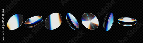 Set of transparent 3D glass plates with iridescent holographic texture. Colorful crystal podium or mirror discs isolated on dark background, perfect for product showcase, UI elements.