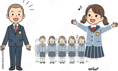 Cartoon school choir singing with boy conductor and girl soloist, students in uniform performing music, teamwork and harmony vector illustration