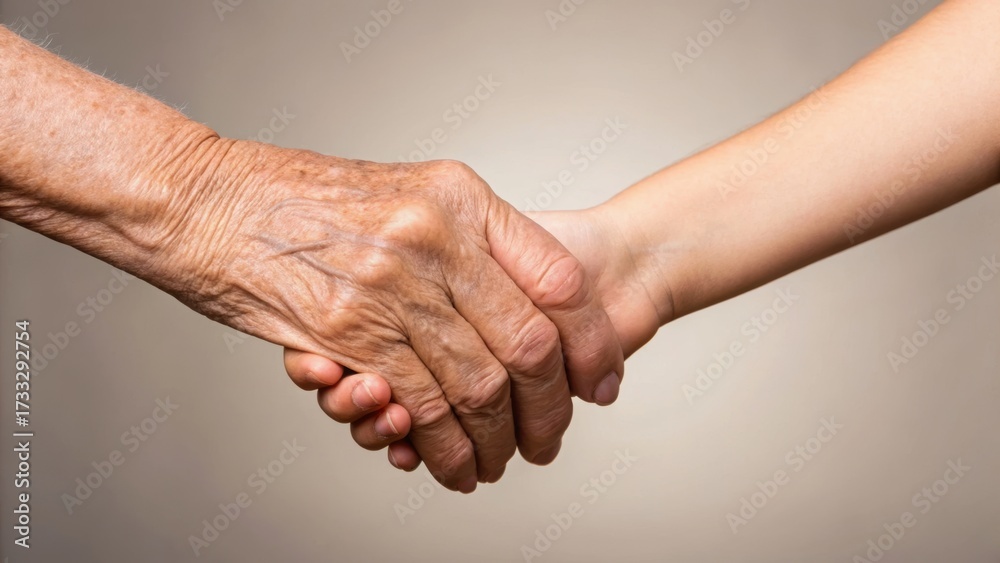 Fototapeta premium Two hands, one aged and wrinkled, the other youthful, clasp together, symbolizing connection across generations.