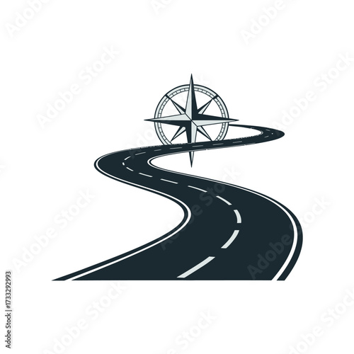 Winding road with compass, travel navigation concept, adventure route branding, highway path icon, exploration theme, clean vector design