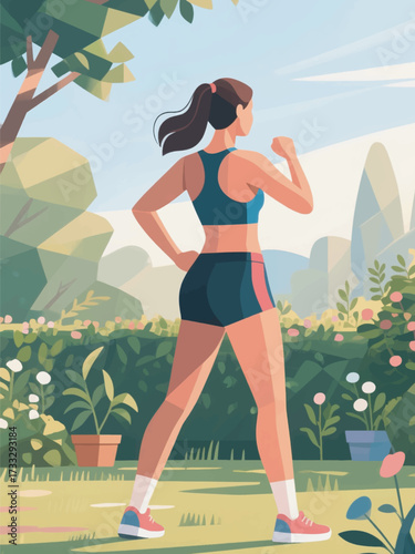 Illustration Of A Woman In Sportswear Warming Up In A Park In The Morning Vector Postcard Design Template