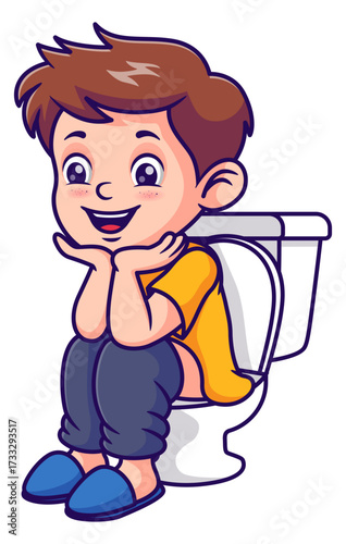 Smiling cartoon boy on toilet in slippers. Ideal for childrens bathrooms, hygienerelated content, plumbing services, humorous illustrations.