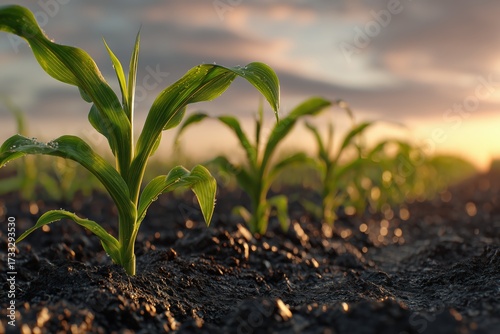 Corn growing in early season Seedlings in a corn field at sunrise sunset with black dirt