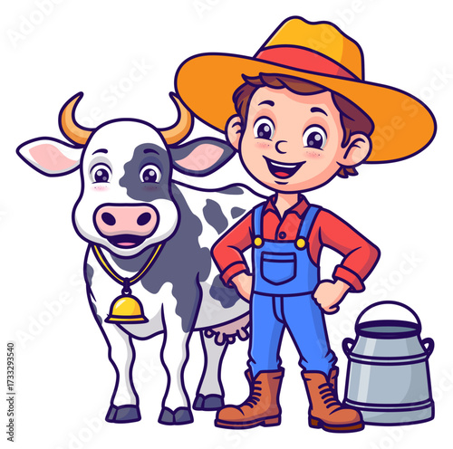 Farmer stands with cow perfect for farmthemed designs, agriculture or dairy products promotion, rural lifestyle articles, and educational materials.