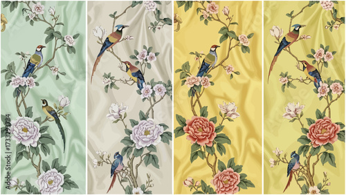 Four color variations of a Chinoiserie-style pattern featuring colorful birds perched on flowering peony and blossom branches on a silky, draped fabric.