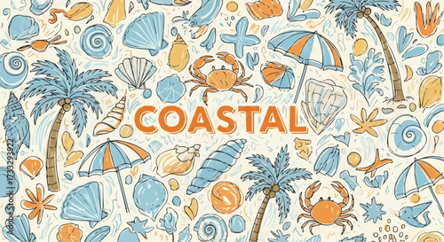 Coastal beach pattern with palm trees shells and crabs