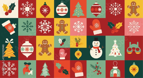Retro christmas holiday icons pattern seamless background